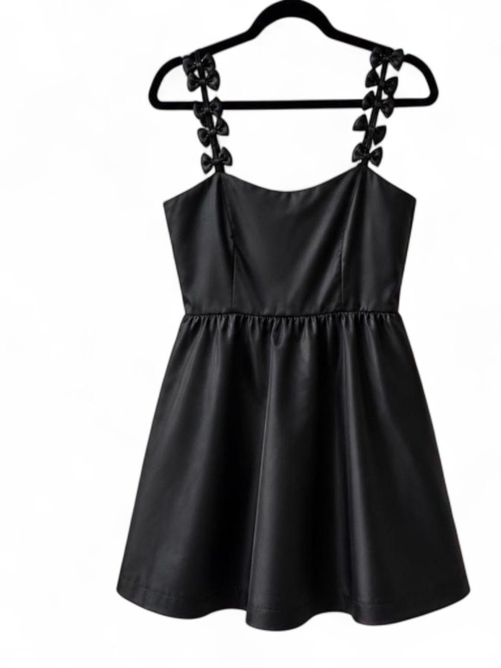 NWT Mable babydoll black satin feel mini dress with bow straps, size M
